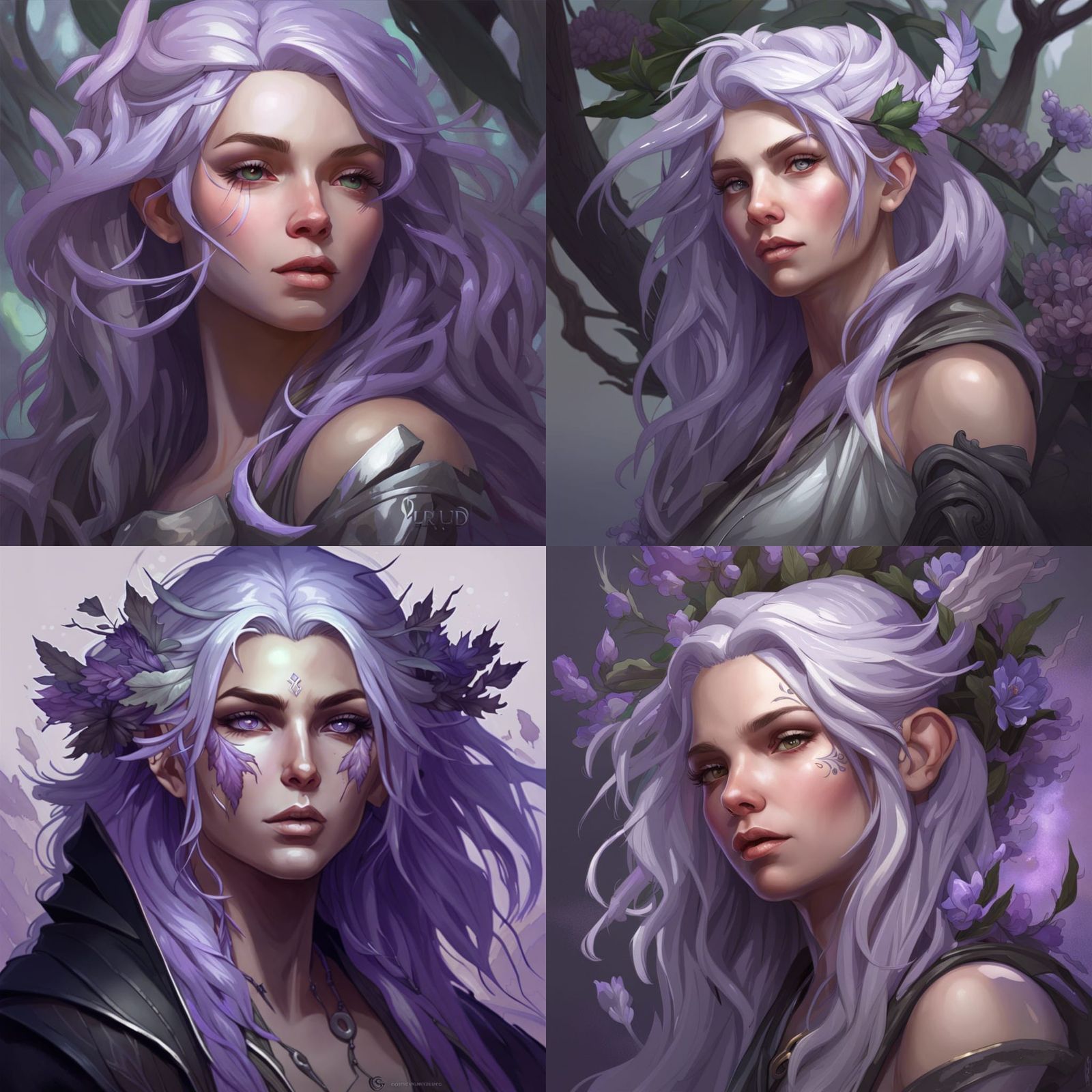 Druid Portrait: Black Eyes, Lavender Hair, Silver Skin