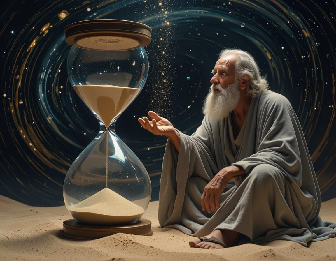 Elderly Man Trapped in Hourglass, Cosmic Background