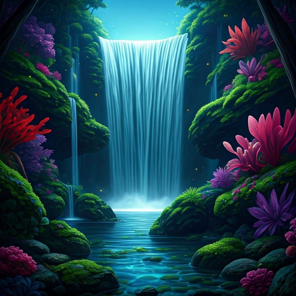 Hyperrealistic Night View of Aquarium Waterfall