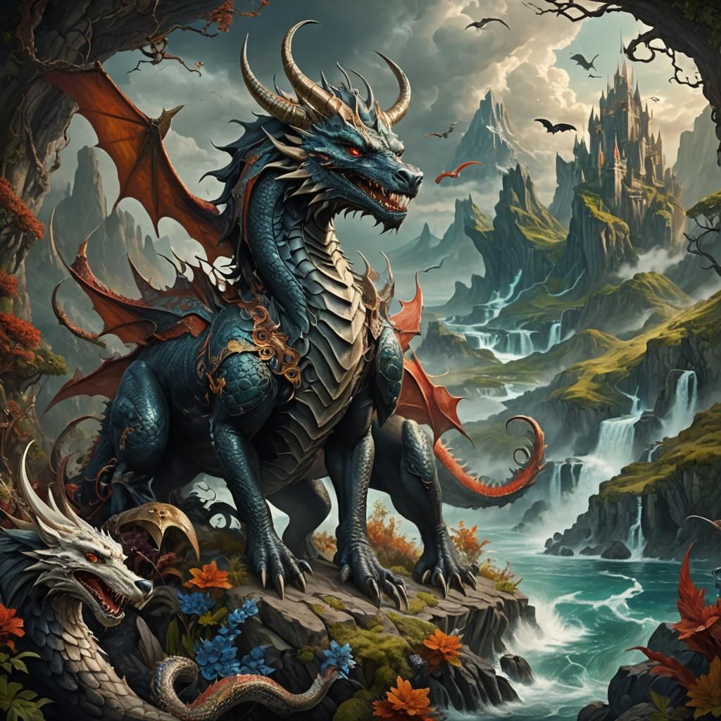 Detailed Dragon-Wolf Chimera in a Fantasy Landscape