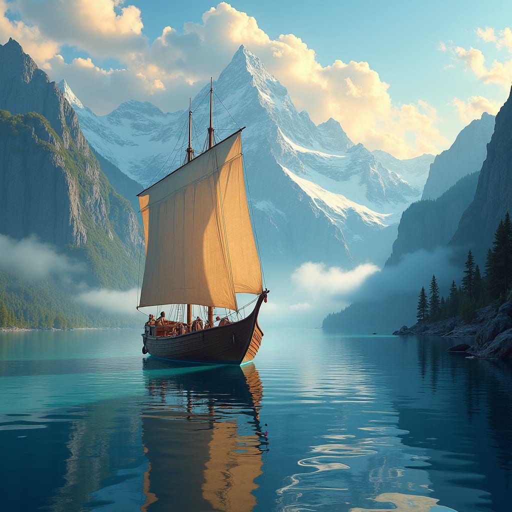 Majestic Sailboat on Serene Lake at Dawn