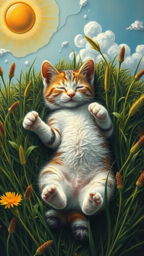 Kitten Nap in Surreal Overgrown Meadow