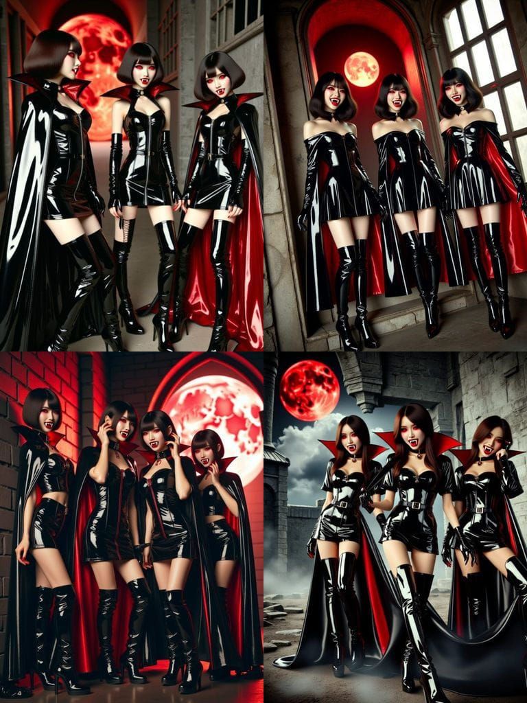 Japanese Vampire Queens in Black Leather and Red Cape