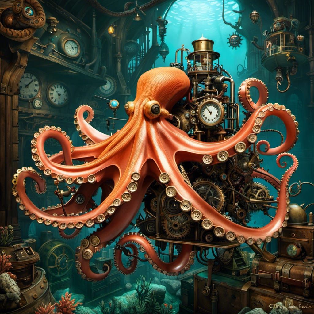 Steampunk Octopus in Coral Reef Masterpiece