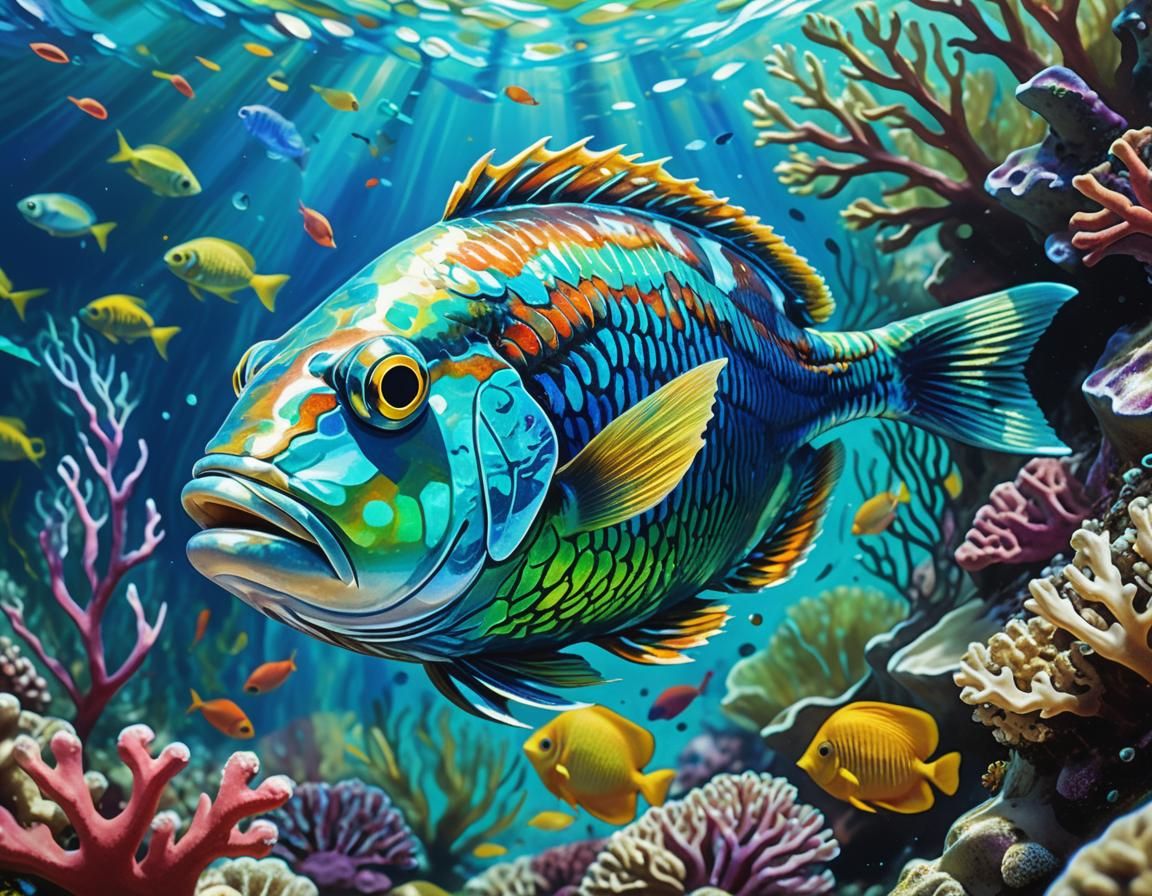 Caribbean Coral Reef Fish Eye View Oil Painting