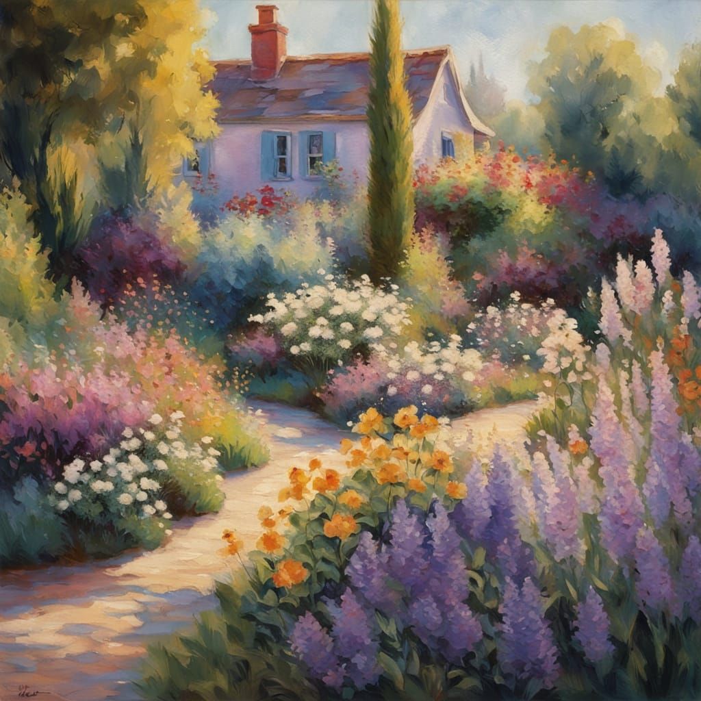 Idyllic Impressionist Garden Scene with Cozy Cottage