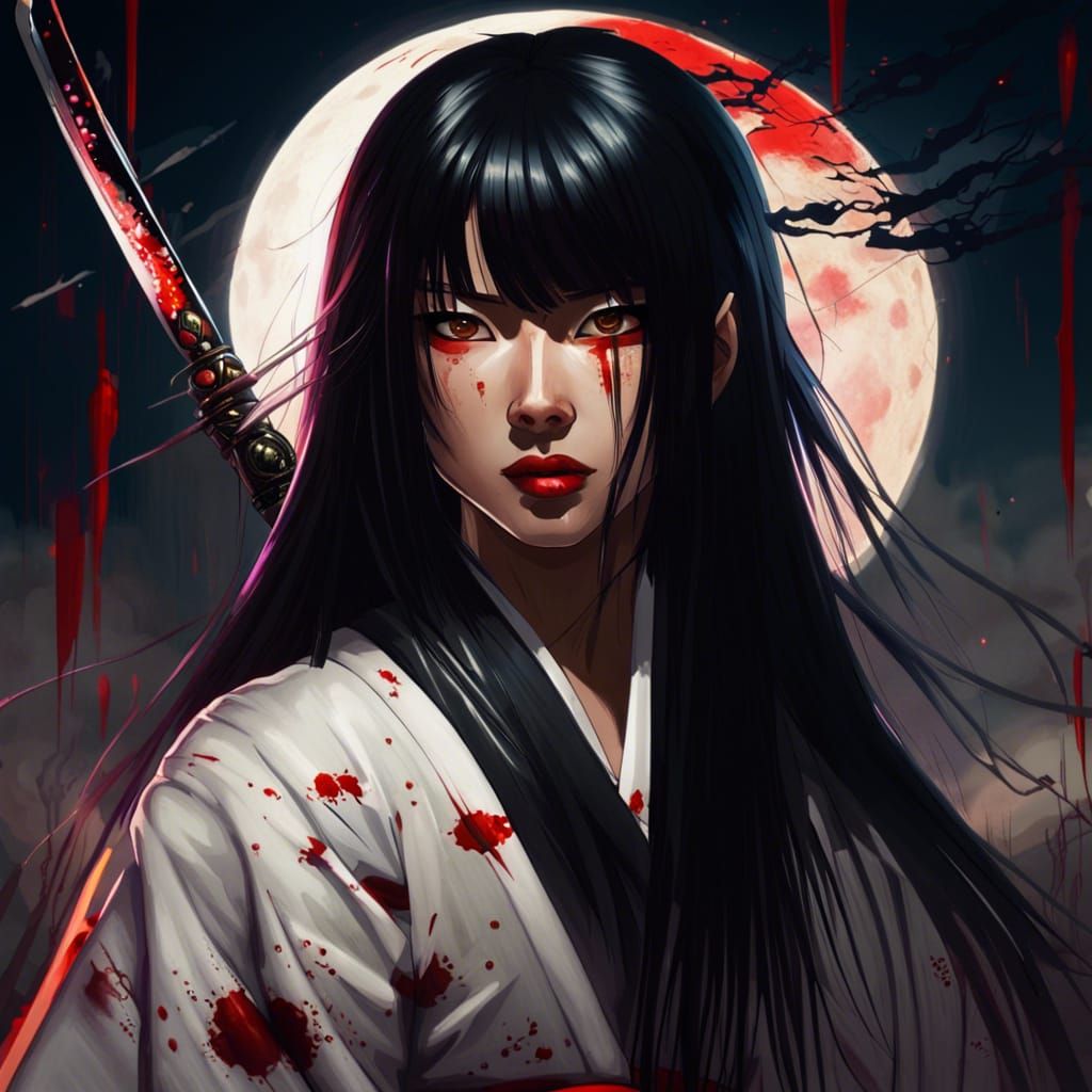 Japanese Woman with Katana in Bloody Night Sky