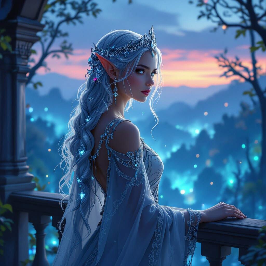 Elven Queen Over Bioluminescent Forest, Digital Art