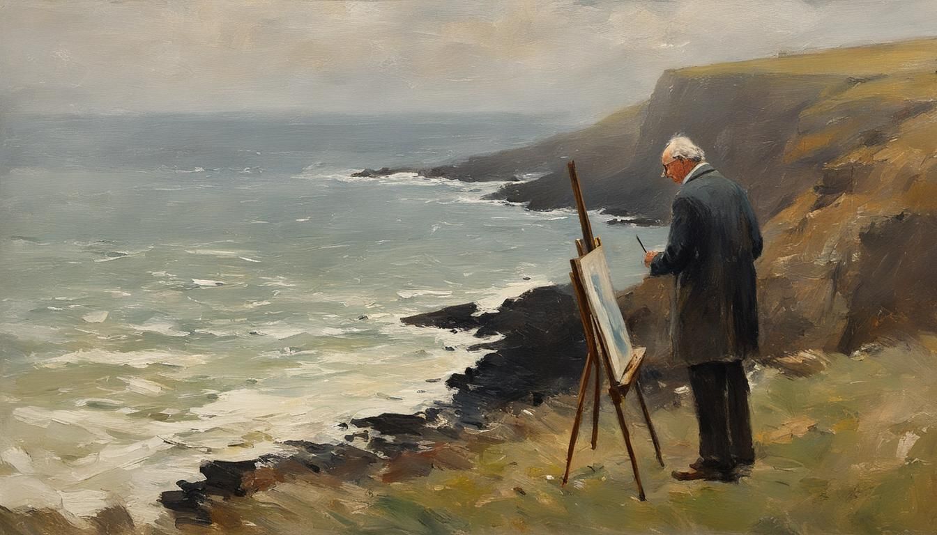 Cornish Coast Impressionist Painting with Artist at Easel