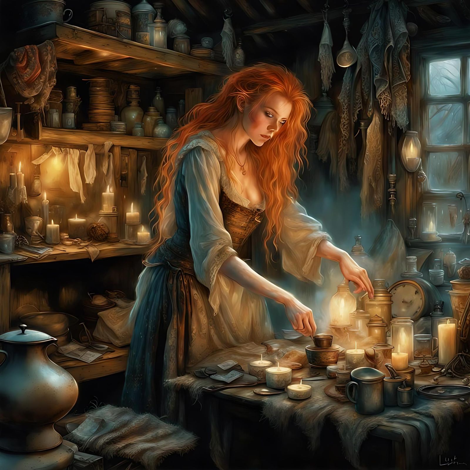 Freckled Witch Brews Potion in Candlelit Shack