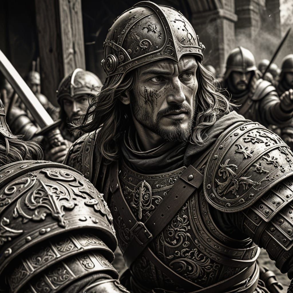 Renaissance Soldier in Intense Battle Scene, Woodcut Print