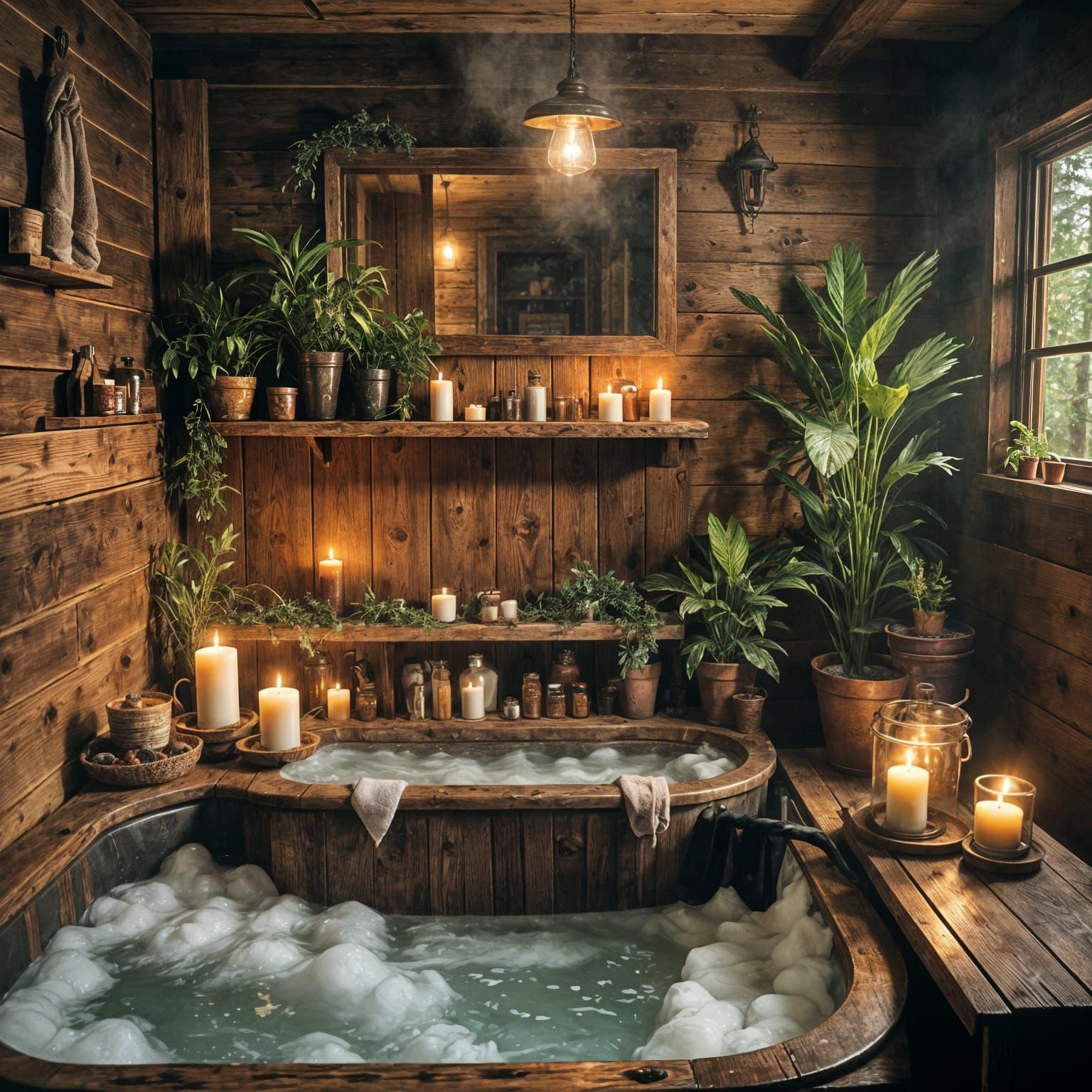 Rustic Forest Cabin Bath with Candles and Steam