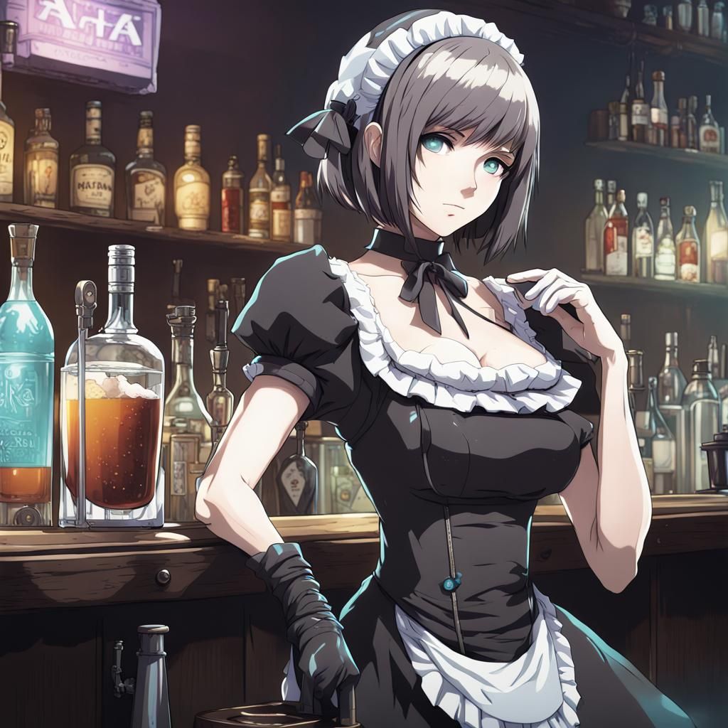 Cyberpunk Bartender in Anime Style With Aqua Eyes