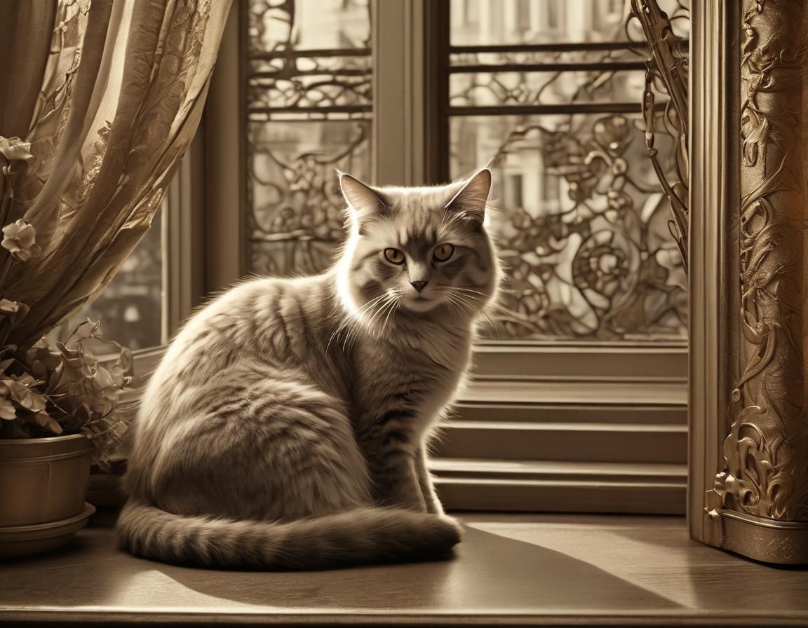 Cat in Window: Sepia-Toned Art Nouveau Photograph