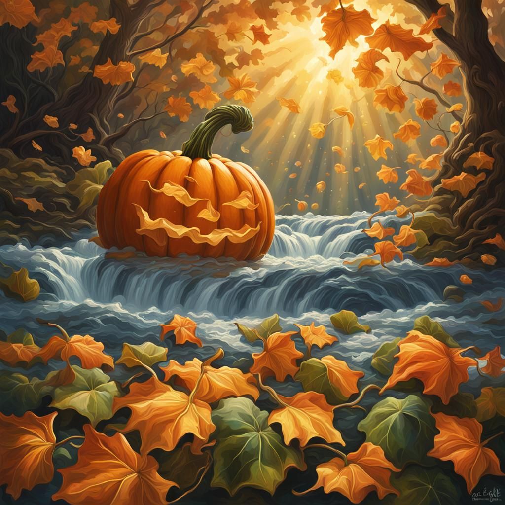 Hyperrealistic River Scene with Sunlight and Leaves