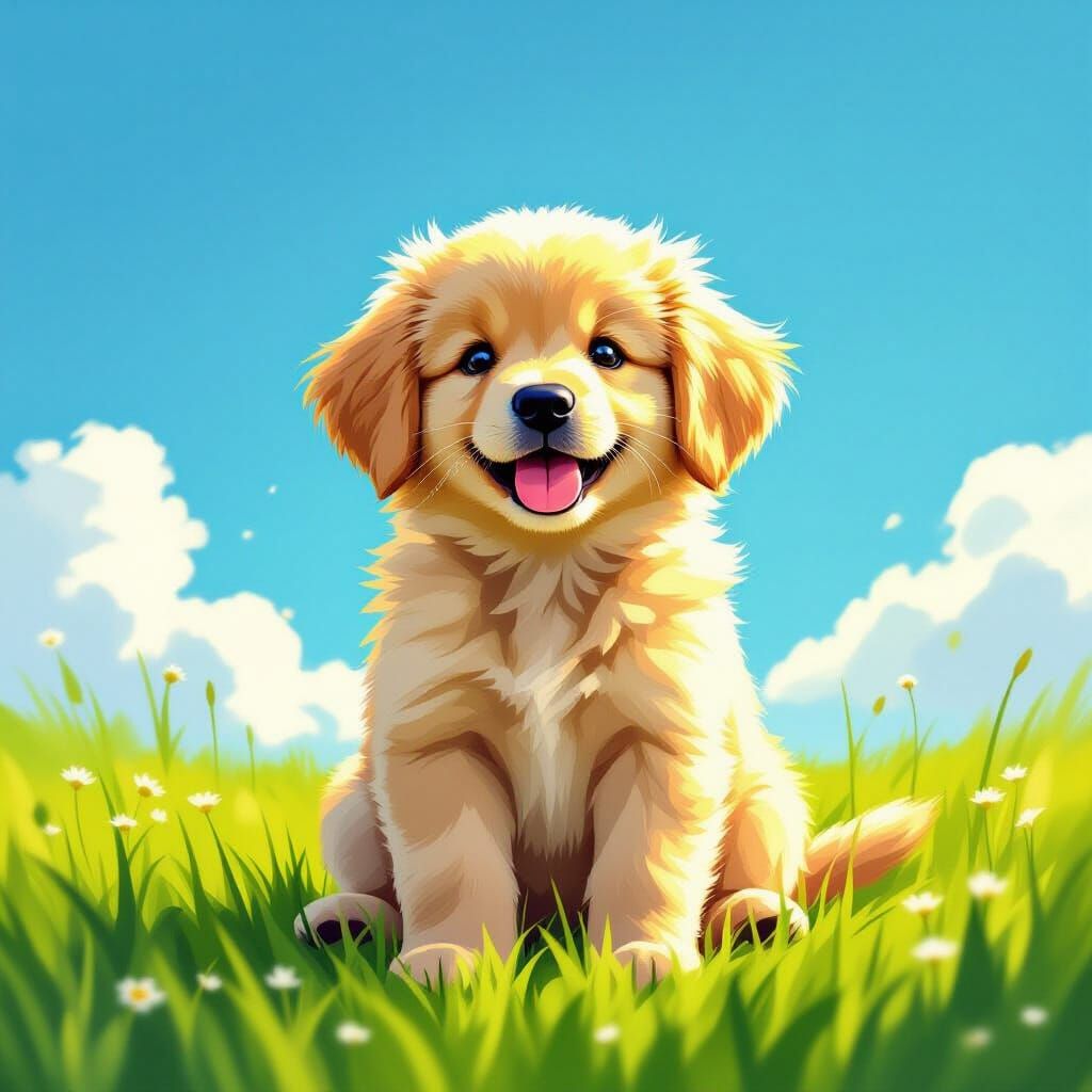 Fluffy Golden Retriever Puppy in Golden Hour Meadow