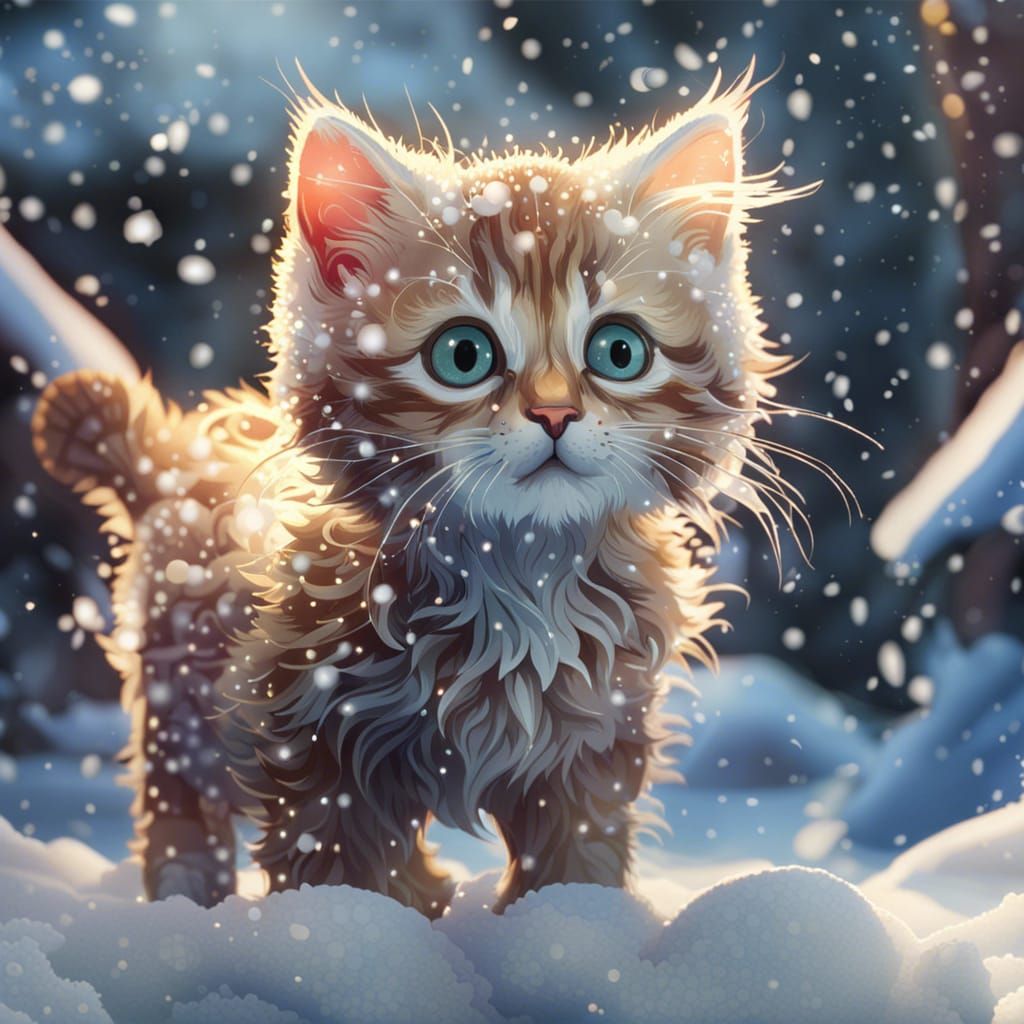 Surprised Kitten in Snow, Detailed Digital Art