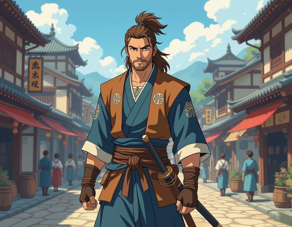 Man in Saxon-Japanese Town, Cel-Shaded Miyazaki Style