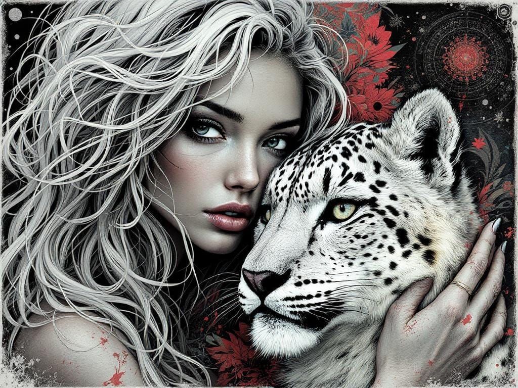 Woman Embracing Snow Leopard in Shepard Fairey Style