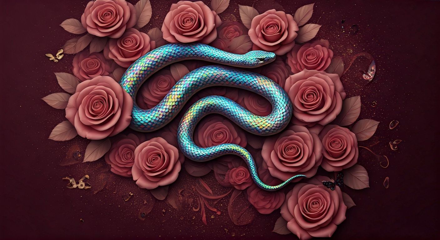Iridescent Snake Among Dusty Roses with Gold Sparkles