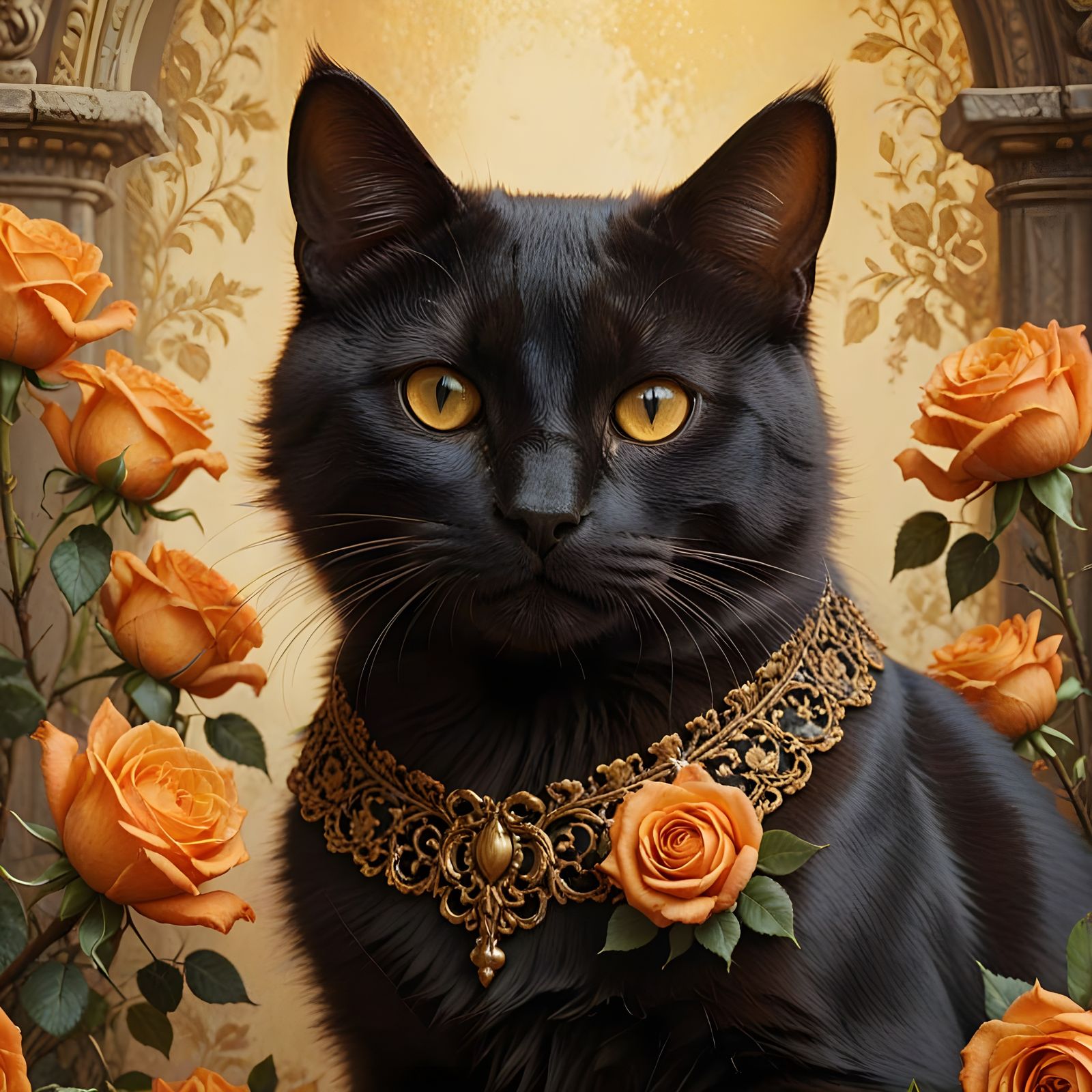 Elegant Cat Portrait with Roses in Matte Painting