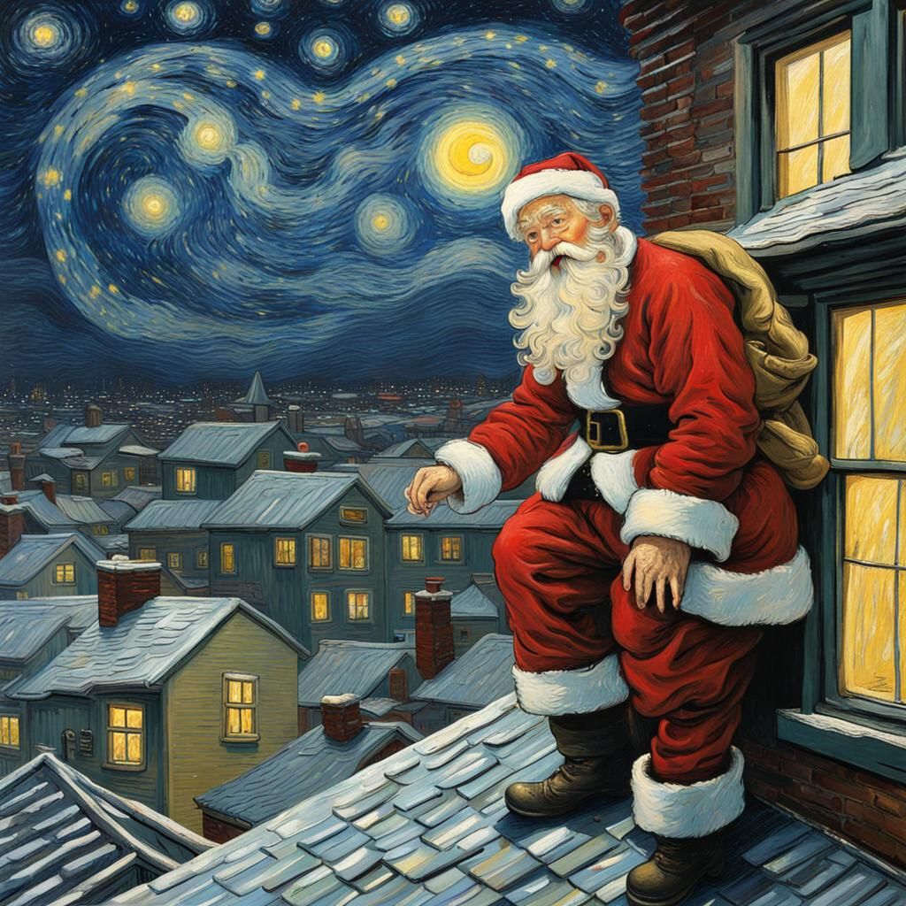 Santa Claus Under Starry Night Sky as Van Gogh Painting