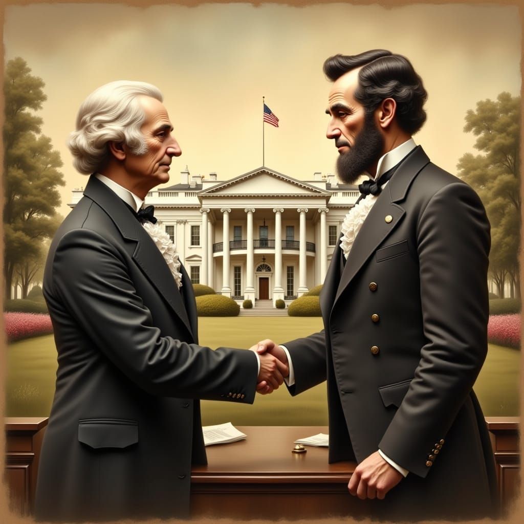 Historical Dignitaries Shake Hands in Elegant Oil Painting