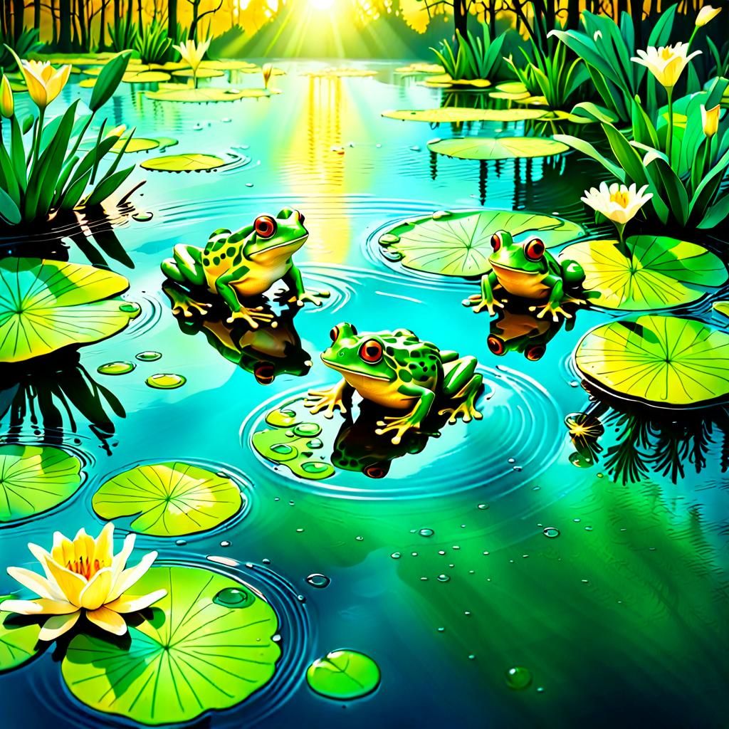 Colorful Splash Art: Frogs Jumping on Lily Pads