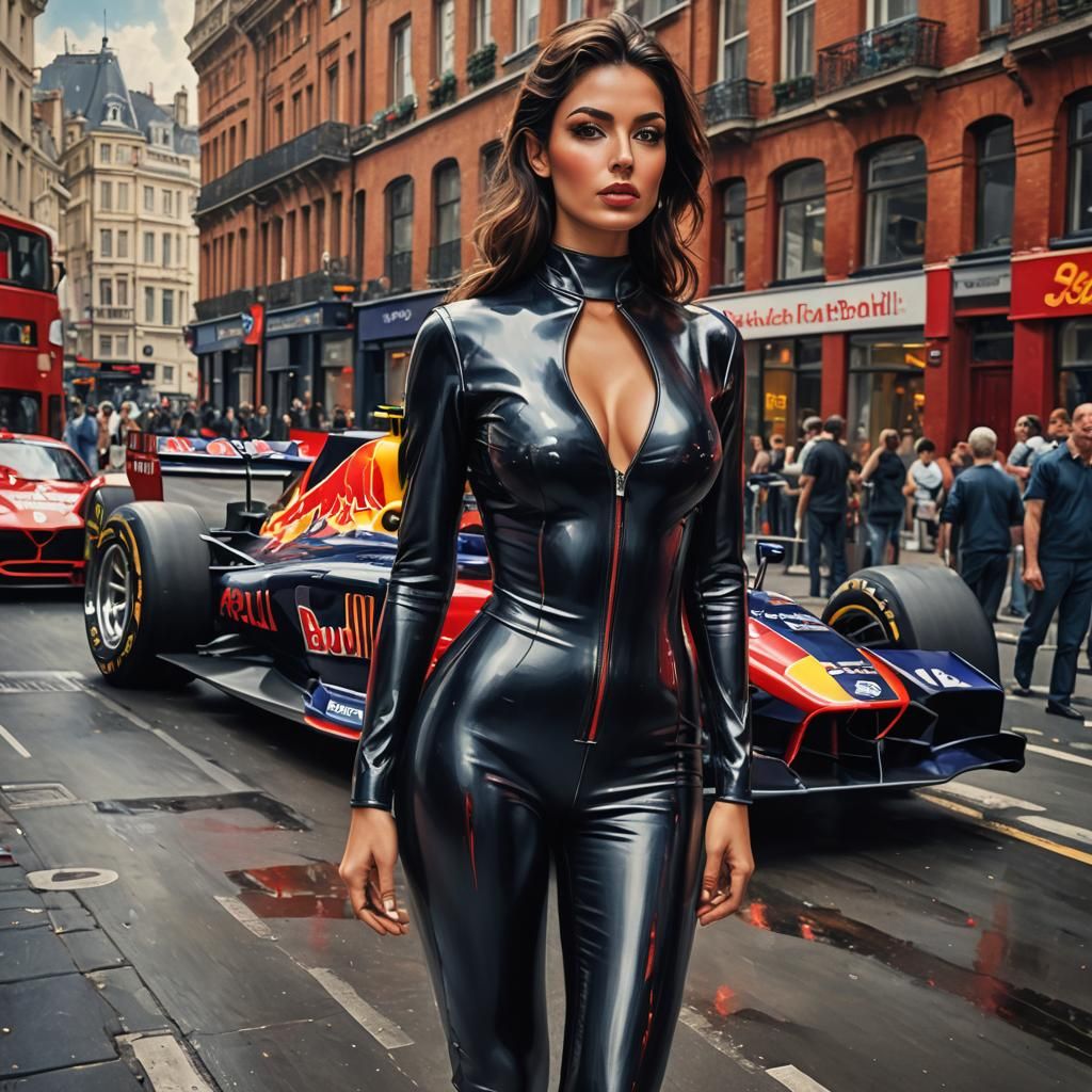 Italian Woman in Latex with F1 Car, Boris Vallejo Style