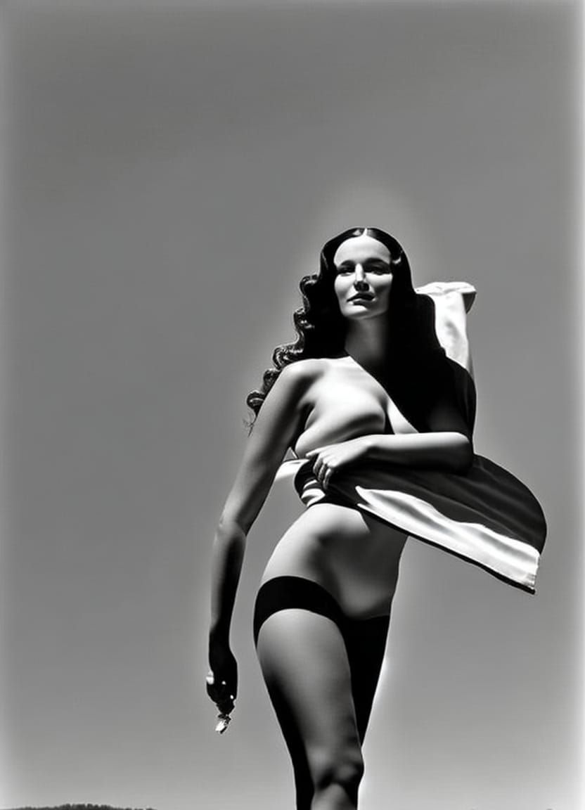 Mona Lisa Sunbathing: 1950s Black and White Photo