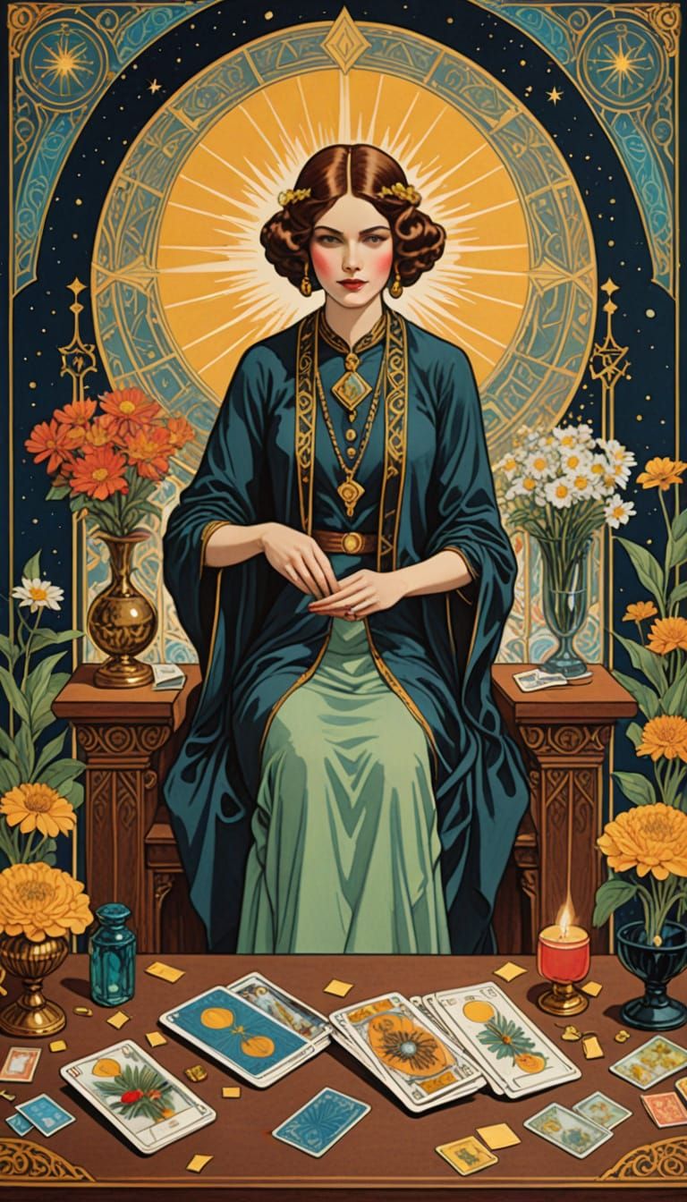 An image of a woman with brown hair. Tarot cards on desk. Ve...