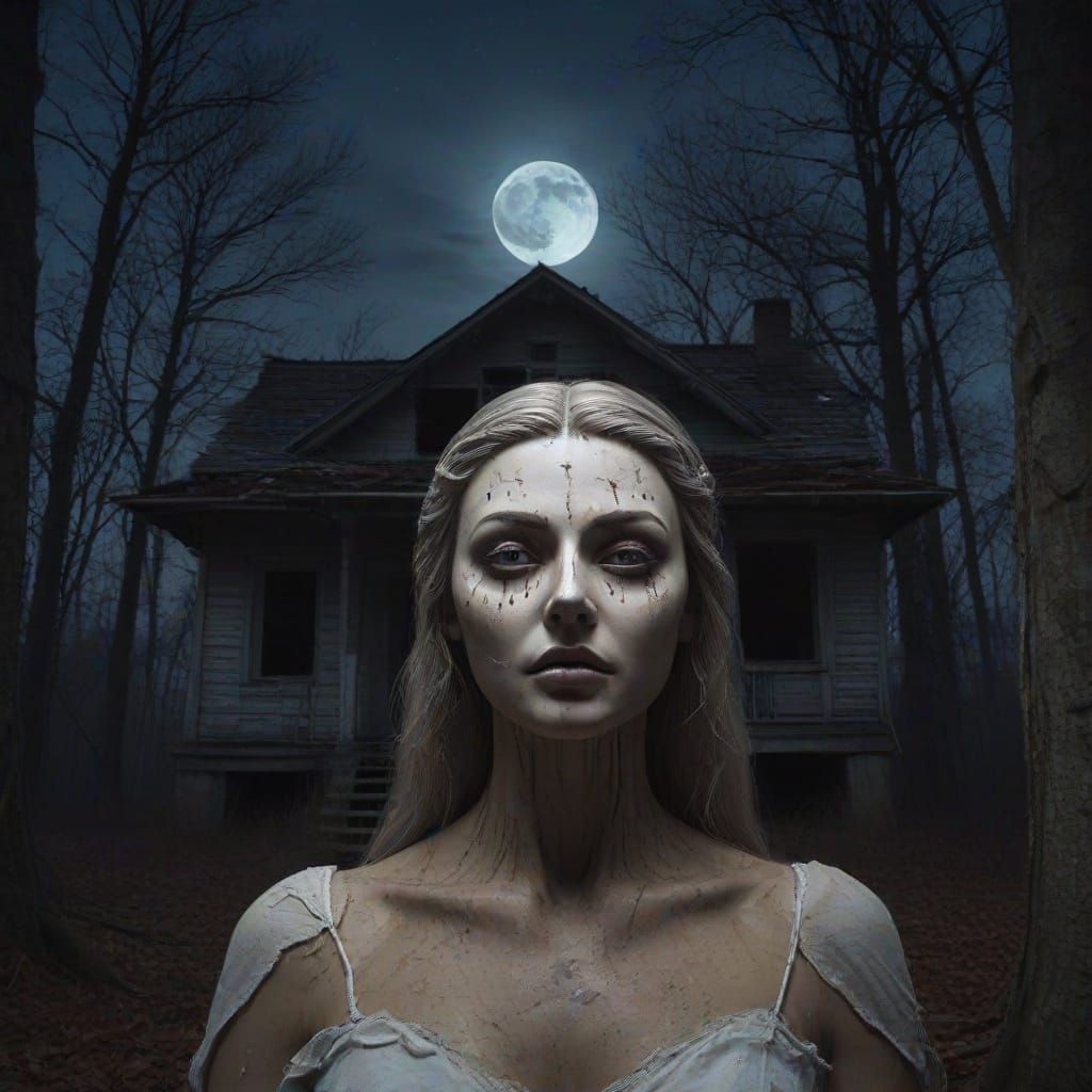 Goddess of Doom Over Haunted House Under Full Moon