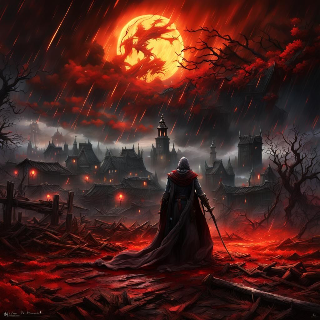 Bloodborne Inspired Woman in Stormy Landscape