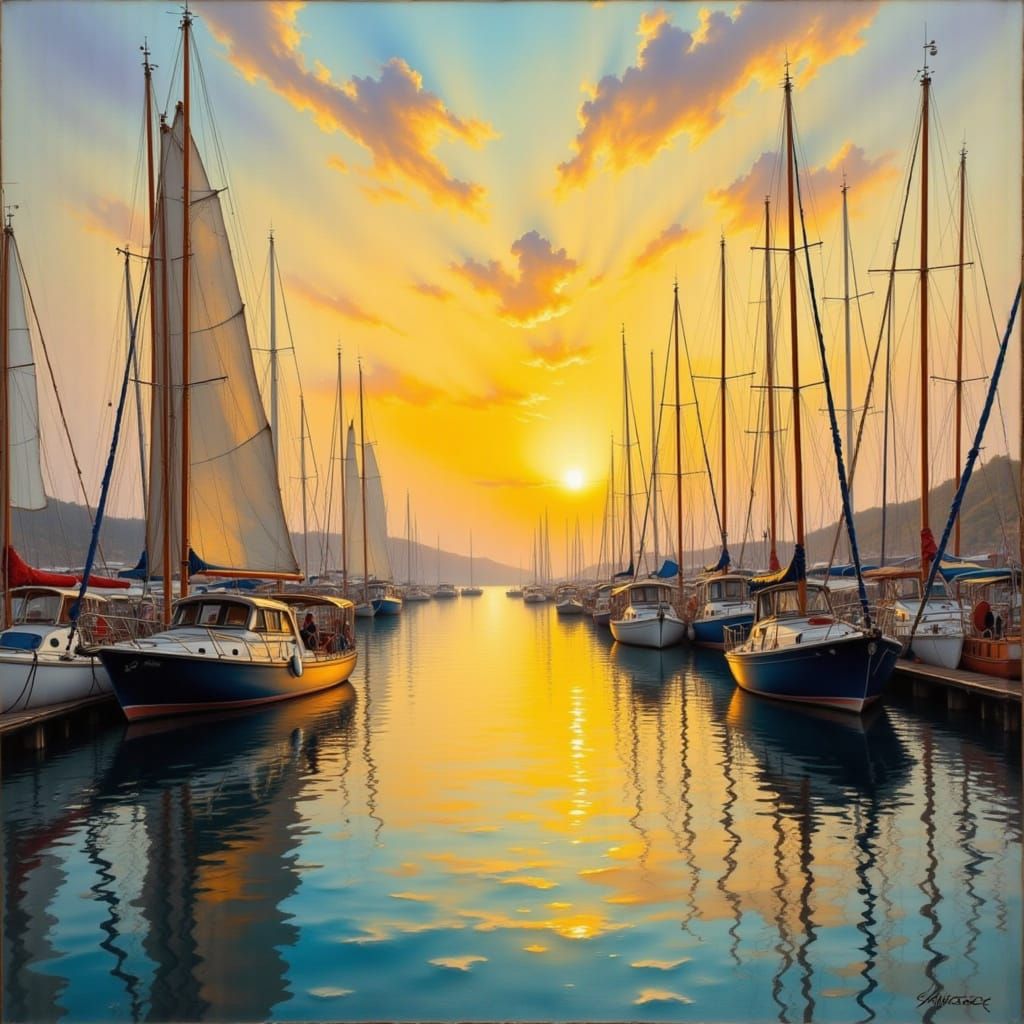 Sailboats Return to Marina at Sunset: Impressionist Style