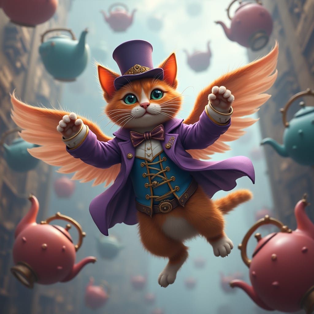 Whimsical Flying Cat Soars in Steampunk Wonderland