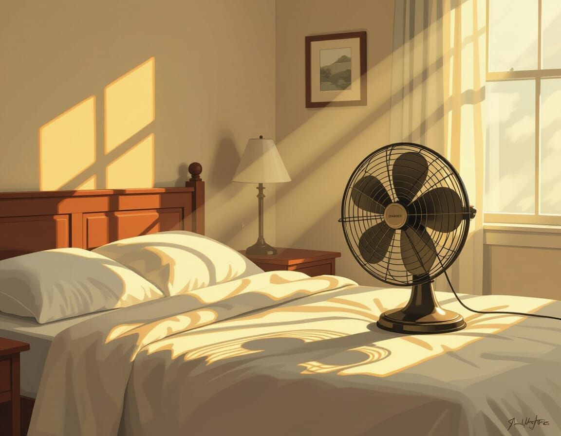 Cozy Bedroom Scene with Vintage Fan