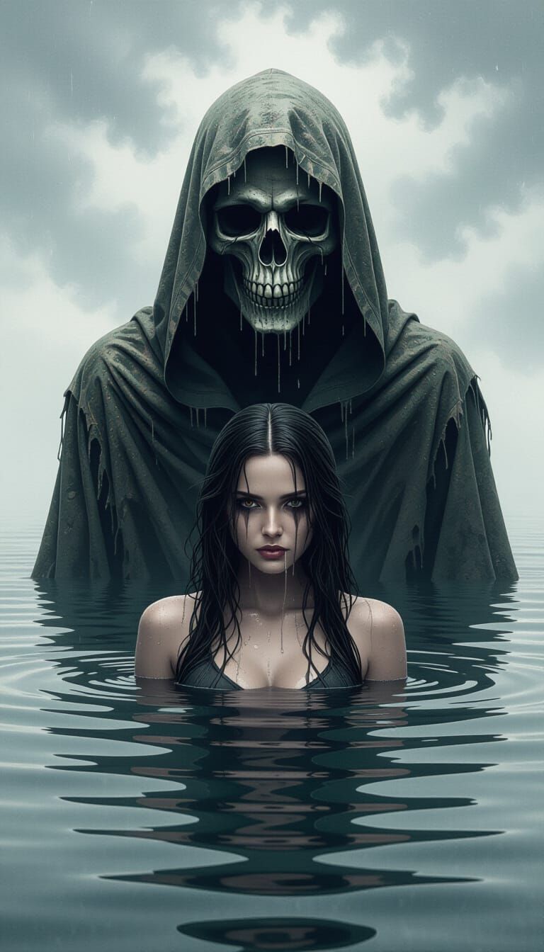 Skeleton Rises From Water Behind Woman