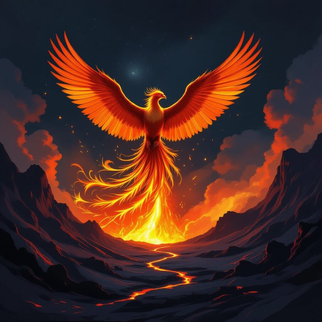 Majestic Phoenix Rises From Fiery Volcano in Painterly Style
