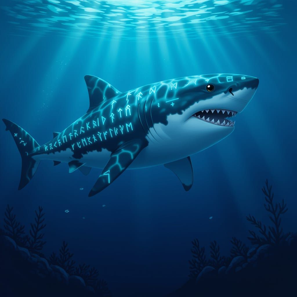Megalodon with Runes in Deep Ocean: Cosmic Illustration