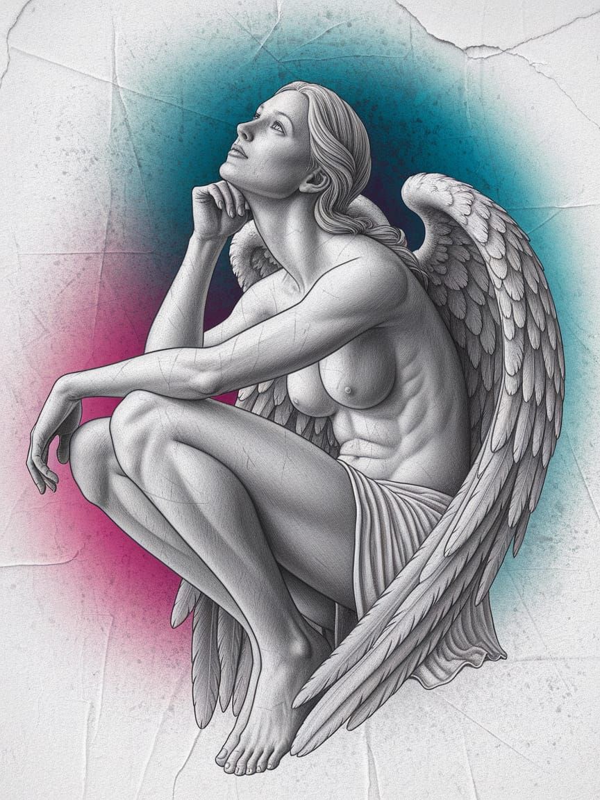 Realistic Angel Sketch in White, Cyan, Blue, Magenta