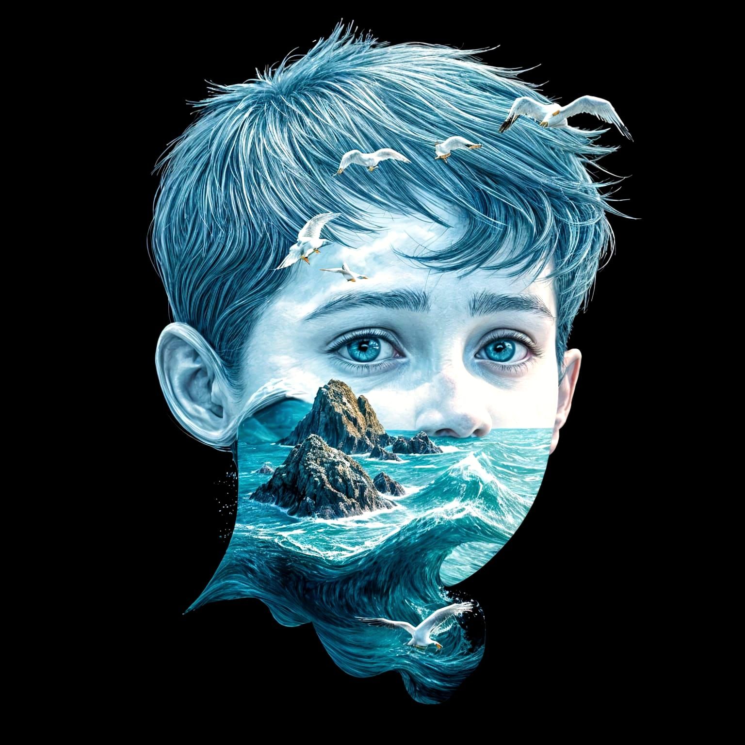 A Boy's Face Filled with the Turbulent Sea