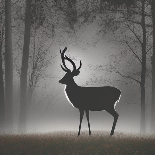 Mystic figure of a deer with tree style horns standing on the shadows of the night on the deep woods
