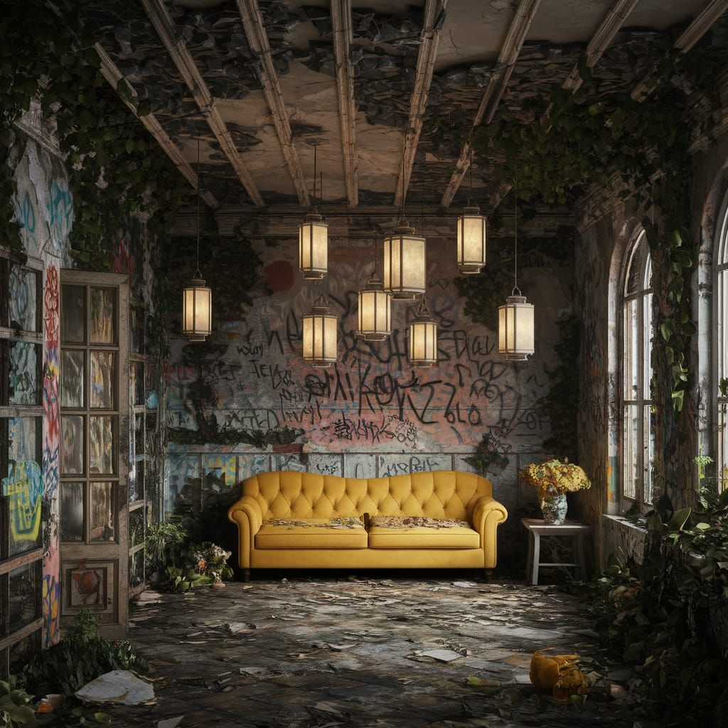 Post-Apocalyptic Living Room in Ruins