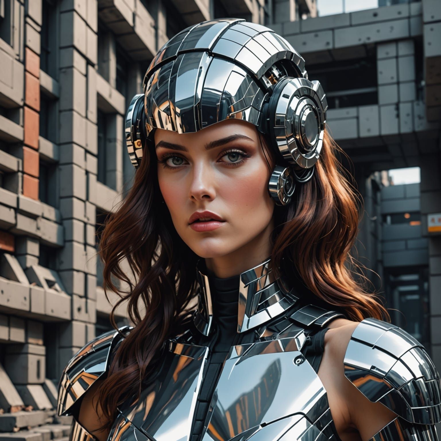 Retrofuturistic Robotic Femme Fatale in Dystopian City
