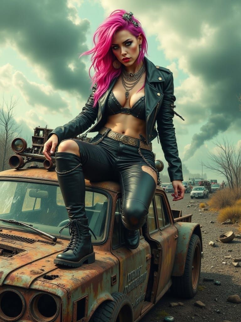 Apocalyptic Bimbo Raider Woman in Post-Doom Punk Style