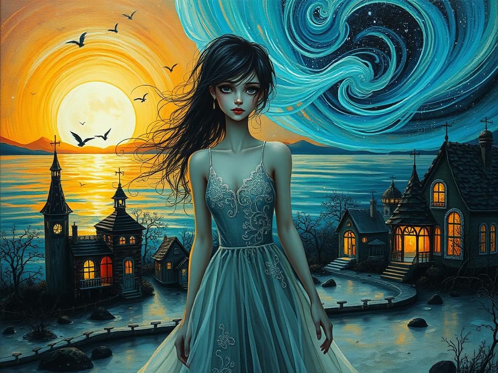 Ethereal Goth Girl in Enchanted Village at Sunset