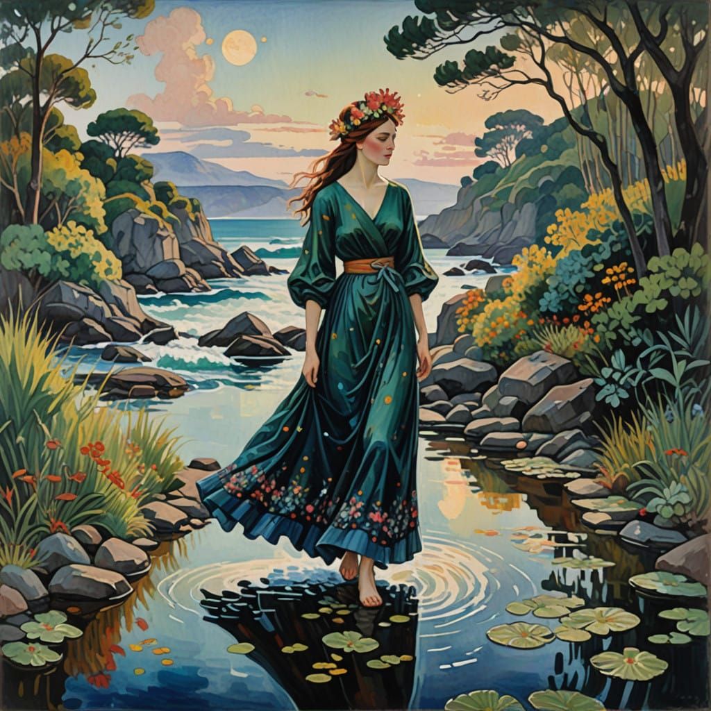 Regal Woman Emerges from Ocean Depths in Ethereal Glow