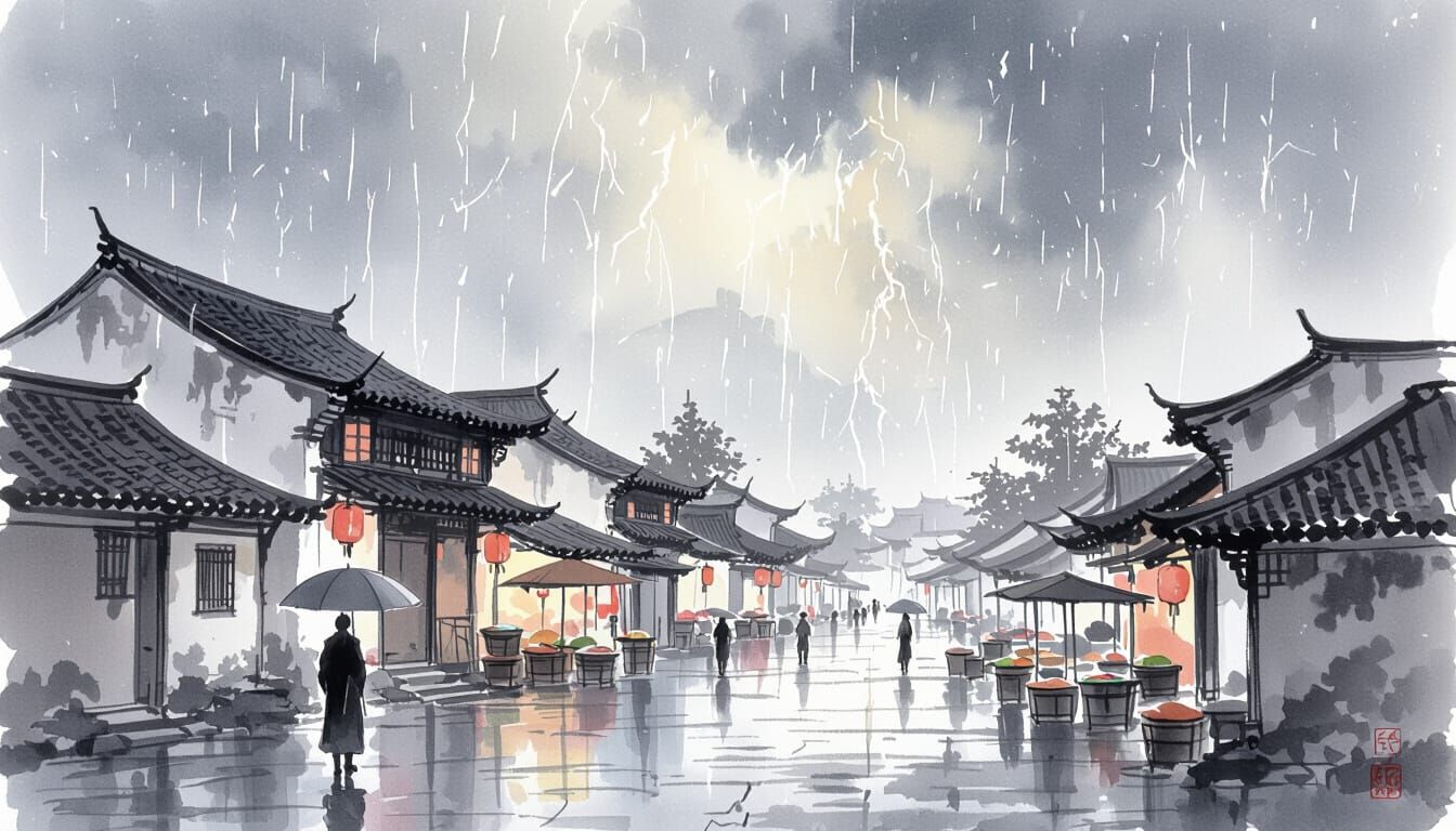 Thunderstorm Over Ancient Chinese Village Market in Watercol...