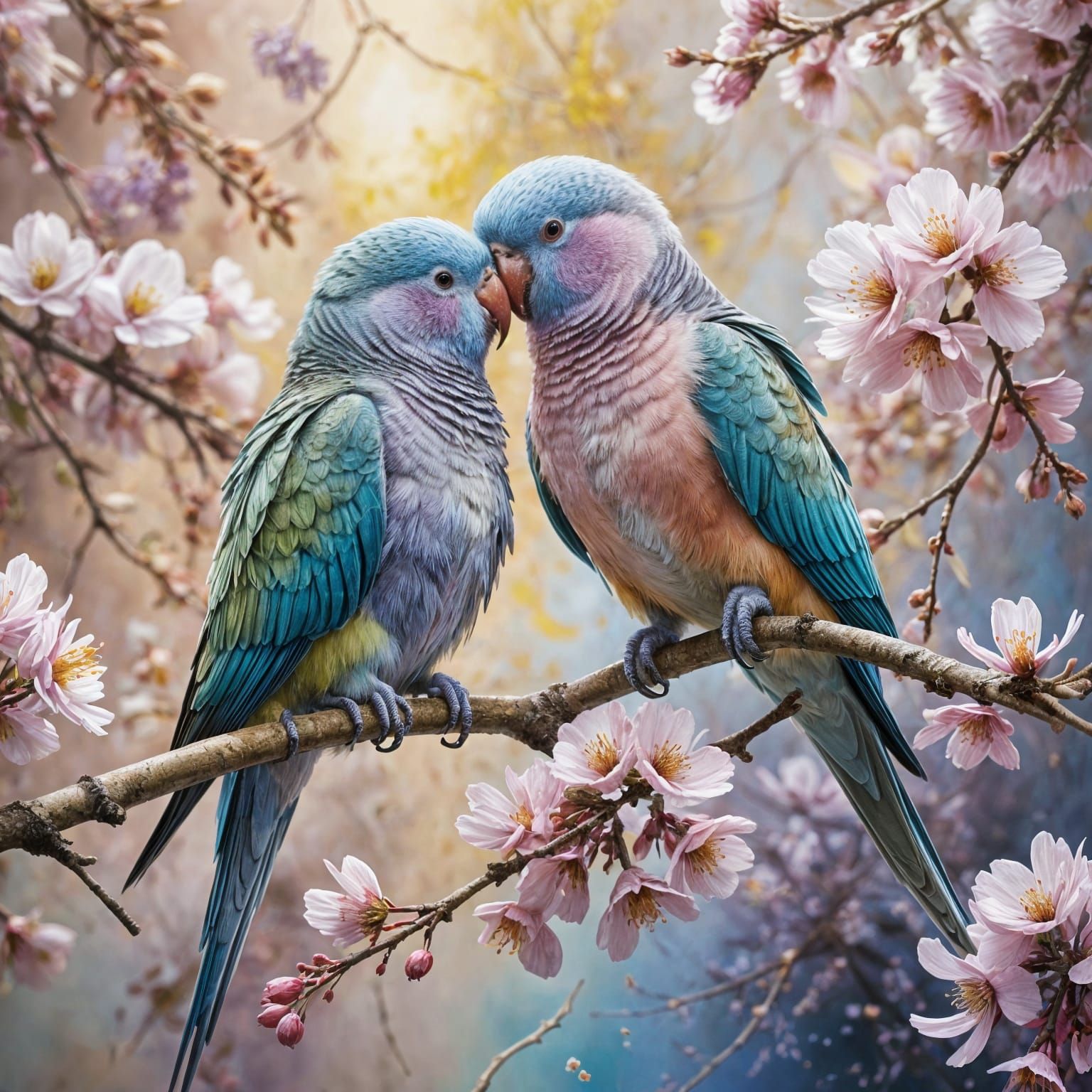 Parakeets on Cherry Blossom Branch Watercolor