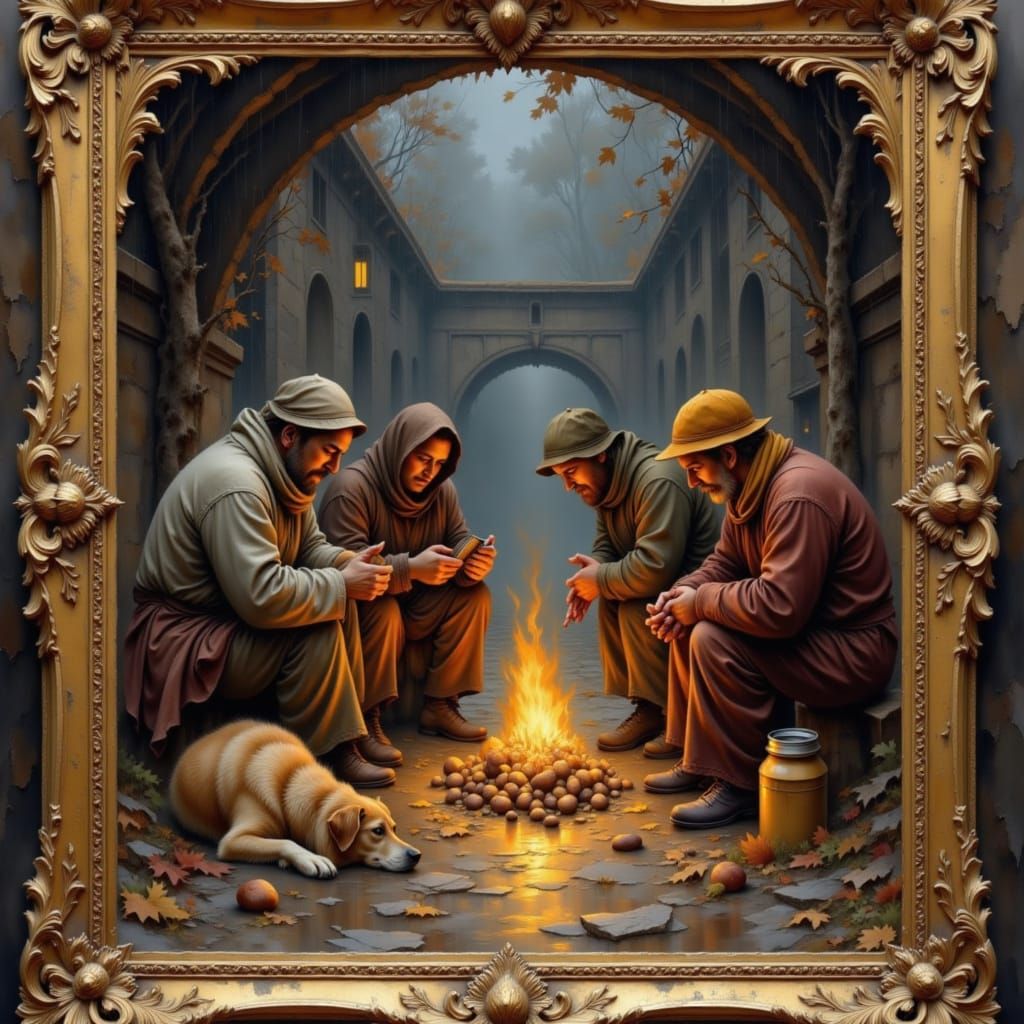 Homeless Community Shares Meal Under Bridge in Chiaroscuro O...